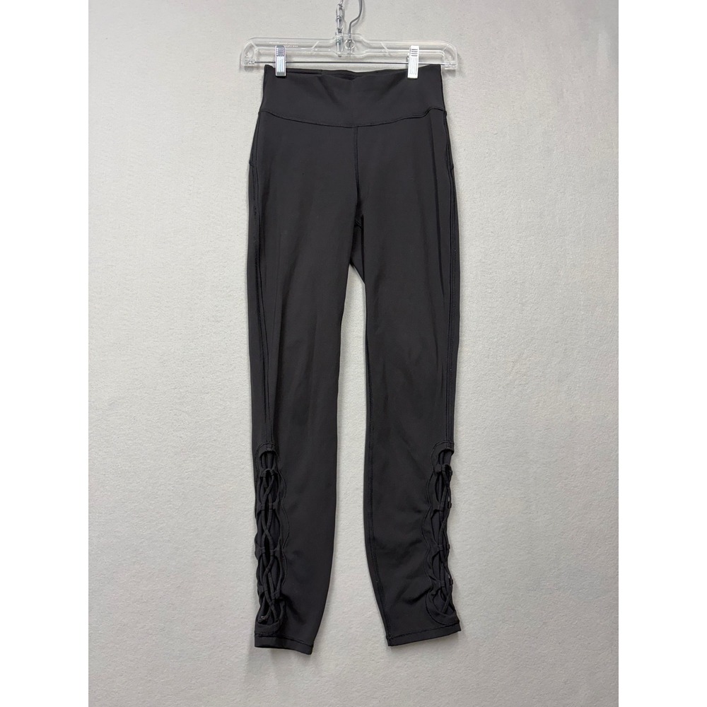 Lululemon Leggings Women 4 Black High Rise Lattice Strappy Mesh Inset Tights